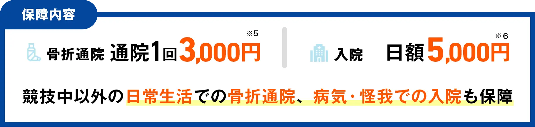 保障内容 骨折通院 通院1回3,000円 入院日額5,000円 競技中以外の日常生活での骨折通院、病気・怪我での入院も保障