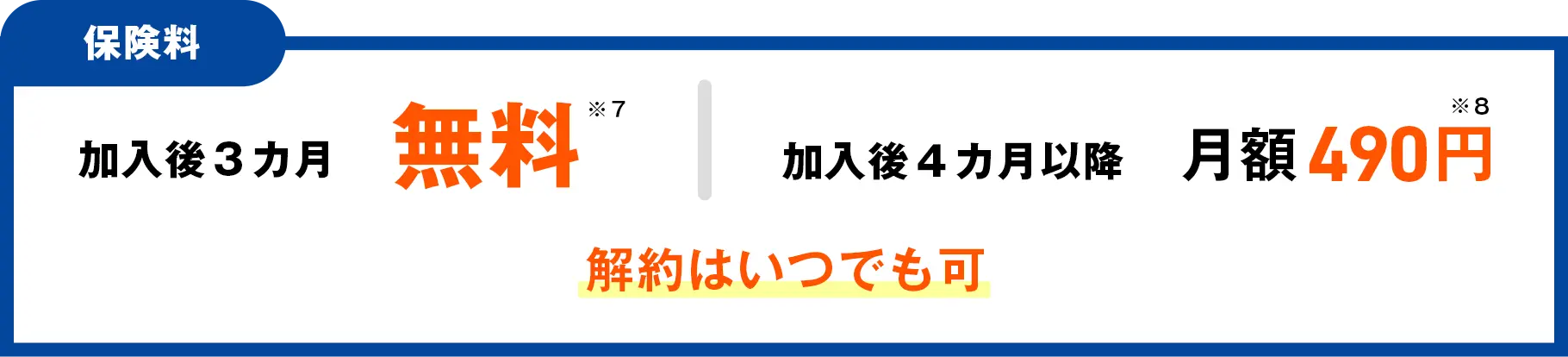 保険料 加入後３カ月無料 加入後４カ月以降月額490円 解約はいつでも可