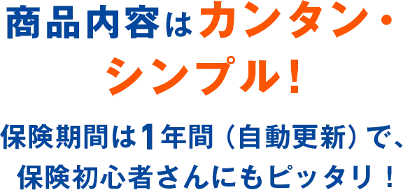 商品内容はカンタン・シンプル！保険期間は1年間（自動更新）で、保険初心者さんにもピッタリ！