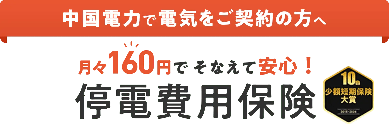 中国電力で電気をご契約の方へ月々160円で そなえて安心！停電費用保険