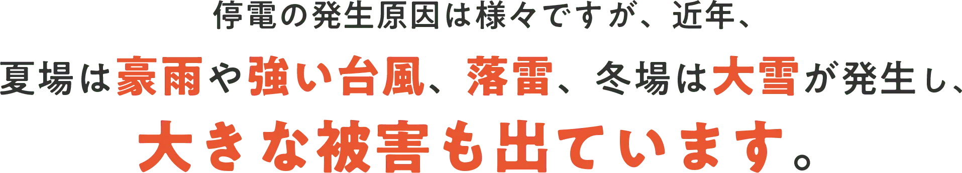 停電の発生原因は様々ですが、近年、夏場は豪雨や強い台風、落雷、冬場は大雪が発生し、大きな被害も出ています。